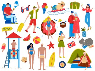 People in summer vacation vector illustration set. Cartoon flat active woman man vacationers swim, sunbathe and relax at tropical beach or in forest camp, summertime outdoor activity isolated on white