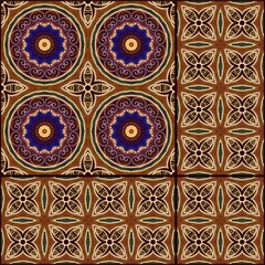 Ceramic tiles with abstract floral ornament in cobalt and terracotta tones. Mediterranean motifs.