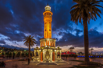 Konak Square and Clock Tower view at sunset. Konak Square is populer tourist attraction in Izmir.