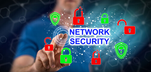 Man touching a network security concept