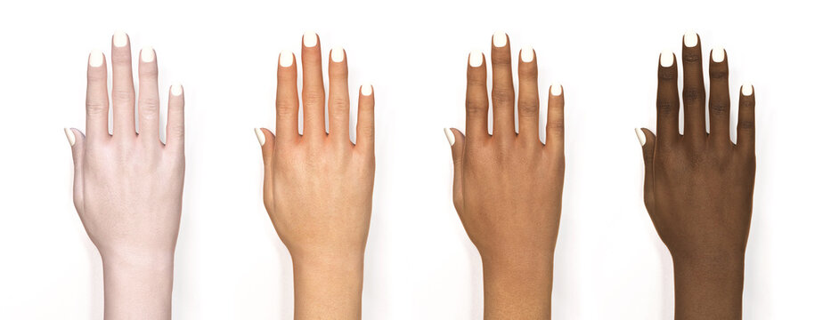 Hands of Different Skin Colors with White Manicure Isolated on a White Background. Nail Design Mock Up. Close up of Female Hands with Colorless Nail Polish. 3D Render.