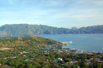 Overview of Coron province with mountain and sea during daytime in Coron, Palawan, Philippines