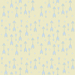 Blue arrows and hearts on a beige background. Simple seamless children's pattern for fashionable prints, textiles, wallpaper, patterns, covers, surfaces, gift wrapping, scrapbooking.