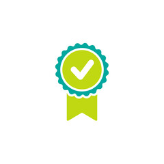 Valid Seal icon. Green and blue circle with ribbon and white tick. Quality guarantee.