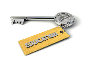 Metal Key with Education golden tag isolated on white. Key to Education concept. 3d illustration
