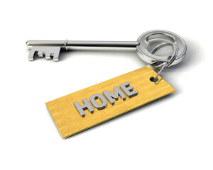 Metal Key with Home golden tag isolated on white. Key to Home concept. 3d illustration

