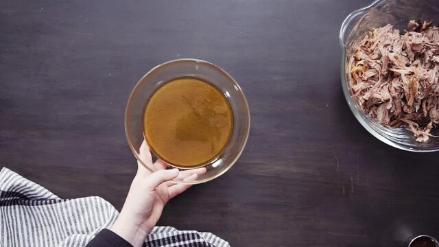 Flat lay. Step by step. Making sauce for pulled pork sandwich.