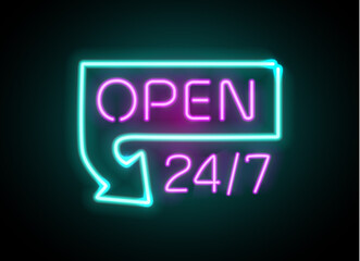 Neon sign Open 24 7 light vector background.