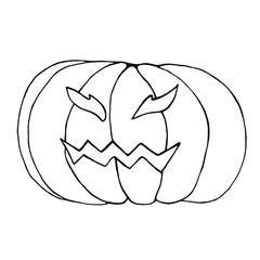 Vector pumpkin coloring book sheet. Black and white Halloween face object. Hand-drawn monochrome sketch of an autumn element in doodle style.
