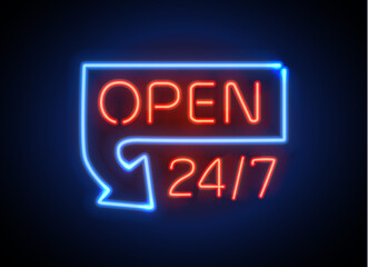 Neon sign Open 24 7 light vector background.