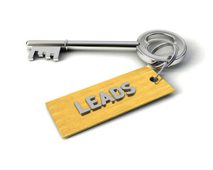 Metal Key with Leads golden tag isolated on white. Key to Leads concept. 3d illustration
