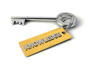 Metal Key with Knowledge golden tag isolated on white. Key to Knowledge concept. 3d illustration
