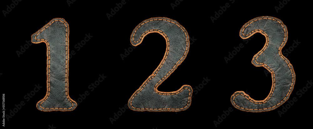 Fototapete set of numbers 1, 2, 3 made of leather. 3d render font with skin texture isolated on black backgroun