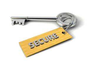 Metal Key with Secure golden tag isolated on white. Key to Secure concept. 3d illustration
