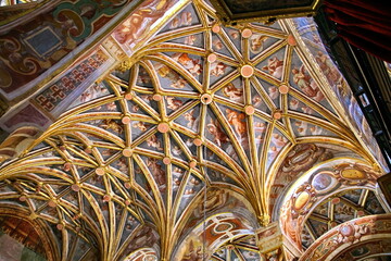 Interior view of La Mezquita Cathedral in Cordoba Spain. The cathedral was built inside of the...