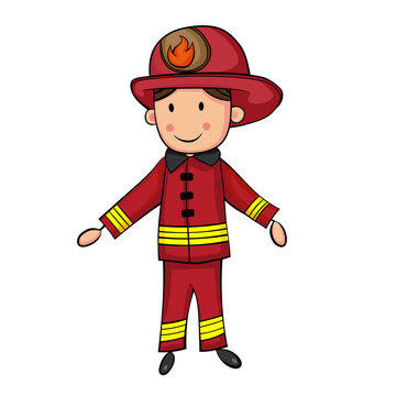 Cute Cartoon Boy in Fireman Costume. With shadow tone. Flat color. Vector EPS 10.