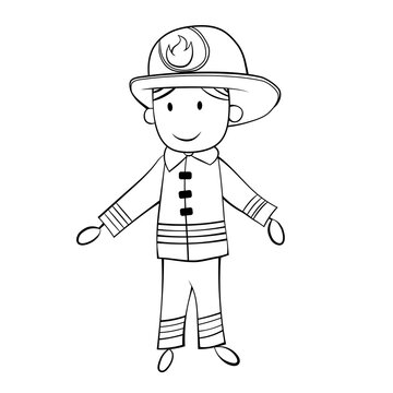 Cute Cartoon Boy in Fireman Costume. Black and White. Vector EPS 10.