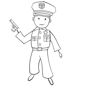 Cute Cartoon Boy in Policeman Costume. Black and White. Vector EPS 10.