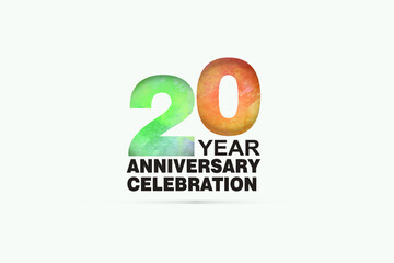 20 year anniversary celebration logotype with watercolor Green and Orange Emboss Style isolated on white background for invitation card, banner or flyer-vector