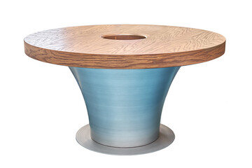 Creative round shape wooden coffee table on white background