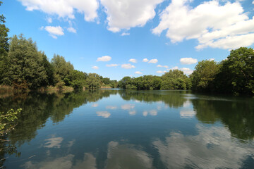 White cumulus clouds and blue sky reflecting on the water surface of the Zevenhuizerplas