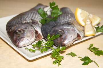 fresh bream or sea bream on the plate with parsley and lemon