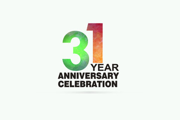 31 year anniversary celebration logotype with watercolor Green and Orange Emboss Style isolated on white background for invitation card, banner or flyer-vector