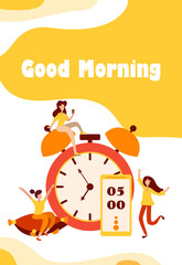 Morning wake up alarm and happy, people characters rejoice at the beginning of a new day. Charging on the pillow and cheerful mood characters in flat style. Vector illustration