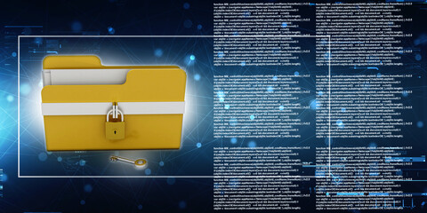 Yellow folder and lock. Data security concept. 3D rendering