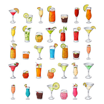 Cocktail drinks set in different glass in hand drawn sketch style. Alcoholic drinks in glasses in vintage drawing vector illustration