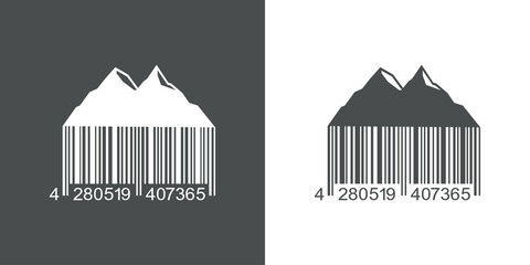 Concepto destino de vacaciones. Icono plano montaña y código de barras en fondo gris y fondo blanco © teracreonte