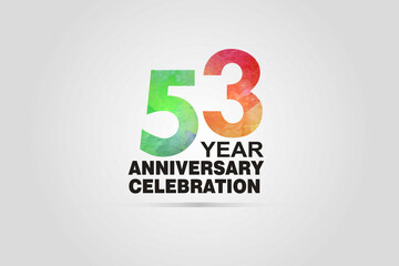 53 year anniversary celebration logotype with watercolor Green and Orange Emboss Style isolated on white background for invitation card, banner or flyer-vector