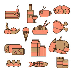 Colored food icons set. Stock vector. Isolated on white background. Meat, desserts, fruits and vegetables, drinks.