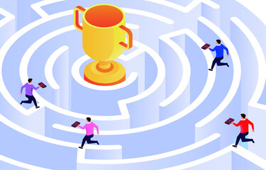 A group of businessmen running above the maze, trying to find a way to win a trophy