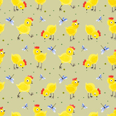 Seamless pattern of chickens and dragonflies. Hand-drawn watercolor texture with birds on a khaki background. Perfect for textiles, prints, packaging, wallpaper, scrapbooking, children's design.