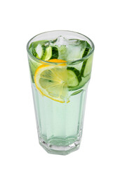 glass of green refreshing lemonade. Summer drink with sliced cucumber, lemon and ice cubes isolated on a white background