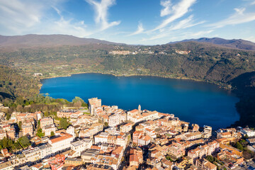 aerial view of the town of genzano di roma with the nemi lake