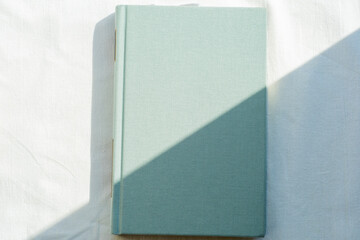 Template with a book with a blank light blue cover on a light background with a shadow across the image.