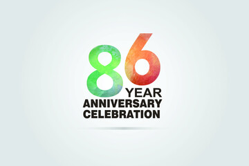 86 year anniversary celebration logotype with watercolor Green and Orange Emboss Style isolated on white background for invitation card, banner or flyer-vector