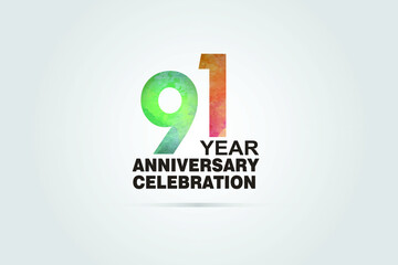 91 year anniversary celebration logotype with watercolor Green and Orange Emboss Style isolated on white background for invitation card, banner or flyer-vector