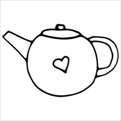 A hand drawn doodle teapot on a white background. Vector hygge illustration for children. Logo element for a coffee shop, cafe, restaurant, and tea ceremony. Design of the coffee shop and cafe.