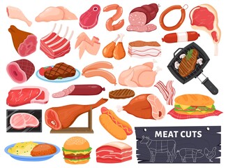 Meat vector illustration set. Cartoon flat raw or served food collection with roasted pork beef lamb or chicken, hot grilled meat steak or sausage, jamon, fastfood cafe menu element isolated on white