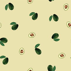 Avocado seamless pattern for print, fabric and organic, vegan, raw products packaging. Texture for eco and healthy food. Seamless pattern whole and sliced avocado.