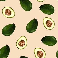 Avocado seamless pattern for print, fabric and organic, vegan, raw products packaging. Texture for eco and healthy food. Seamless pattern whole and sliced avocado.