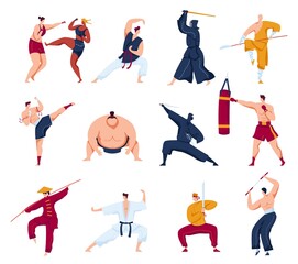 Fototapeta na wymiar Martial arts vector illustration set. Cartoon flat collection with active fighter characters, people in kimono training or fighting. Japan traditional martial arts, sport activity isolated on white