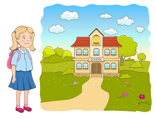 Obraz na płótnie Canvas cartoon little girl with backpack, primary school building. vector illustration