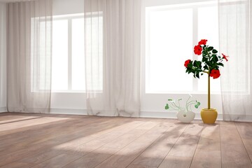 modern room with curtains and plants interior design. 3D illustration