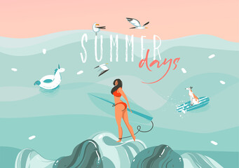 Hand drawn vector stock abstract graphic illustration with a funny sunbathing surfer girl with dog in ocean waves landscape,swimming and surfing isolated on colour background