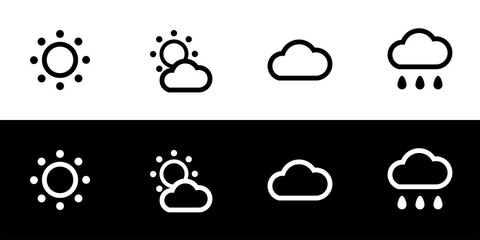Fototapeta na wymiar Weather icon set. Flat design icon collection isolated on black and white background. Sunny, cloudy, gloomy, and rain. Forecast or weather prediction.