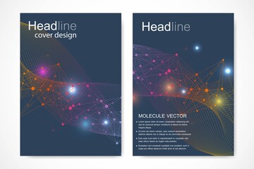 Scientific brochure design template. Vector flyer layout, Molecular structure with connected lines and dots. Scientific pattern atom DNA with elements for magazine, leaflet, cover, poster design.